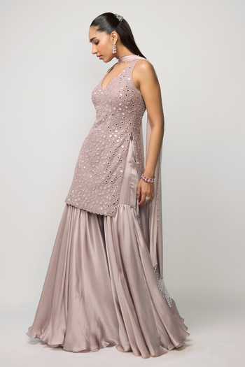 Buy Vvani by vani vats Pink Net, Satin V-neck Mirror Embroidered Kurta Sharara Set Online at Aza Fashions Buy_Vvani by vani vats_Pink Net, Satin V-neck Mirror Embroidered Kurta Sharara Set _Online_at_Aza_Fashions