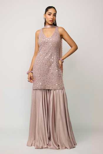 Shop Vvani by vani vats Pink Net, Satin V-neck Mirror Embroidered Kurta Sharara Set Online at Aza Fashions Shop_Vvani by vani vats_Pink Net, Satin V-neck Mirror Embroidered Kurta Sharara Set _Online_at_Aza_Fashions