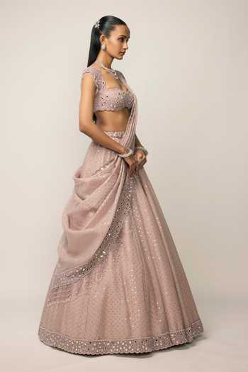 Vvani by vani vats_Pink Organza, Georgette Sweetheart Neck Sequins Embroidered Lehenga Set _Online_at_Aza_Fashions