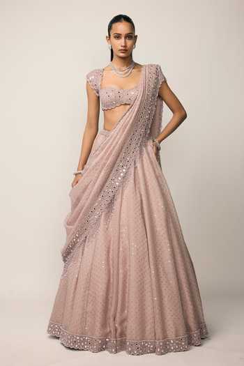 Buy_Vvani by vani vats_Pink Organza, Georgette Sweetheart Neck Sequins Embroidered Lehenga Set _Online_at_Aza_Fashions
