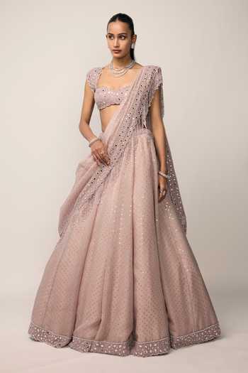 Shop_Vvani by vani vats_Pink Organza, Georgette Sweetheart Neck Sequins Embroidered Lehenga Set _Online_at_Aza_Fashions