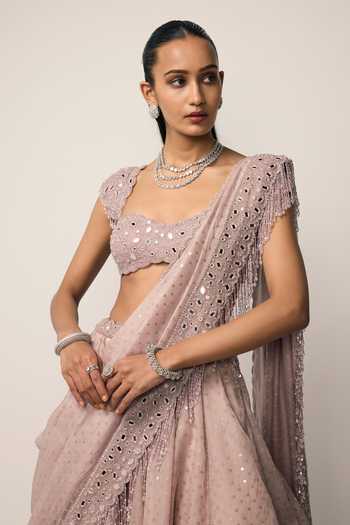 Vvani by vani vats_Pink Organza, Georgette Sweetheart Neck Sequins Embroidered Lehenga Set _at_Aza_Fashions
