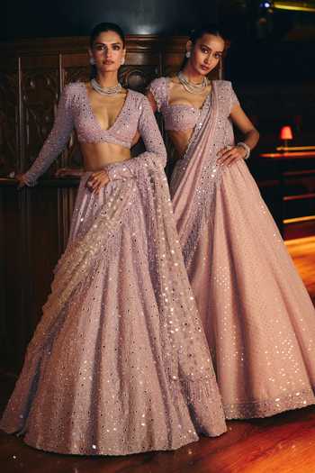 Buy_Vvani by vani vats_Pink Organza, Georgette Sweetheart Neck Sequins Embroidered Lehenga Set 