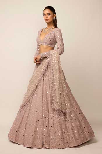 Buy_Vvani by vani vats_Pink Crepe, Georgette, Net V-neck Mirror Embroidered Lehenga Set _Online_at_Aza_Fashions