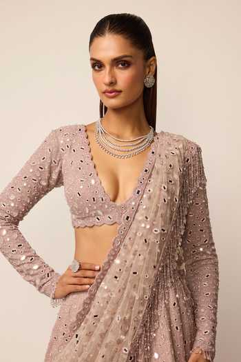 Vvani by vani vats_Pink Crepe, Georgette, Net V-neck Mirror Embroidered Lehenga Set _at_Aza_Fashions
