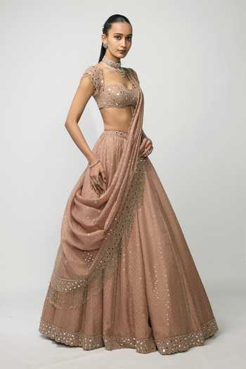 Buy_Vvani by vani vats_Rose Gold Organza, Georgette Sweetheart Bronze Sequin Embroidered Lehenga Set _Online_at_Aza_Fashions