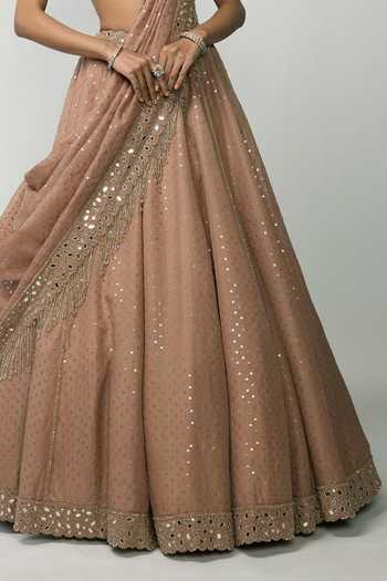 Shop_Vvani by vani vats_Rose Gold Organza, Georgette Sweetheart Bronze Sequin Embroidered Lehenga Set _Online_at_Aza_Fashions