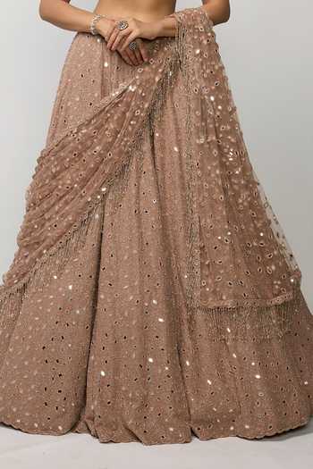 Buy Vvani by vani vats Rose Gold Crepe, Georgette, Net Round Neck Bronze Embroidered Lehenga Set Online at Aza Fashions Buy_Vvani by vani vats_Rose Gold Crepe, Georgette, Net Round Neck Bronze Embroidered Lehenga Set _Online_at_Aza_Fashions
