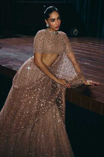 Shop Vvani by vani vats Rose Gold Crepe, Georgette, Net Round Neck Bronze Embroidered Lehenga Set Online at Aza Fashions Shop_Vvani by vani vats_Rose Gold Crepe, Georgette, Net Round Neck Bronze Embroidered Lehenga Set _Online_at_Aza_Fashions