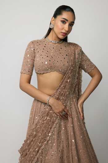 Vvani by vani vats Rose Gold Crepe, Georgette, Net Round Neck Bronze Embroidered Lehenga Set at Aza Fashions Vvani by vani vats_Rose Gold Crepe, Georgette, Net Round Neck Bronze Embroidered Lehenga Set _at_Aza_Fashions