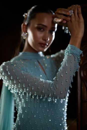 Vvani by vani vats Blue Georgette Keyhole Neck, Yes Pearl Drop Embroidered Kurta Set Online at Aza Fashions Vvani by vani vats_Blue Georgette Keyhole Neck, Yes Pearl Drop Embroidered Kurta Set _Online_at_Aza_Fashions