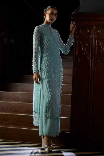 Buy Vvani by vani vats Blue Georgette Keyhole Neck, Yes Pearl Drop Embroidered Kurta Set Online at Aza Fashions Buy_Vvani by vani vats_Blue Georgette Keyhole Neck, Yes Pearl Drop Embroidered Kurta Set _Online_at_Aza_Fashions