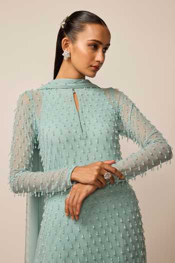 Shop Vvani by vani vats Blue Georgette Keyhole Neck, Yes Pearl Drop Embroidered Kurta Set Online at Aza Fashions Shop_Vvani by vani vats_Blue Georgette Keyhole Neck, Yes Pearl Drop Embroidered Kurta Set _Online_at_Aza_Fashions