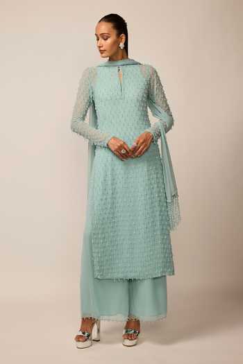 Shop Vvani by vani vats Blue Georgette Keyhole Neck, Yes Pearl Drop Embroidered Kurta Set Shop_Vvani by vani vats_Blue Georgette Keyhole Neck, Yes Pearl Drop Embroidered Kurta Set