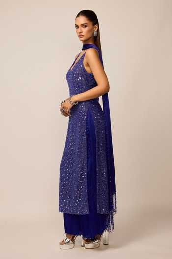 Vvani by vani vats_Blue Net, Satin V-neck, Yes Mirror Embroidered Kurta Palazzo Set _Online_at_Aza_Fashions