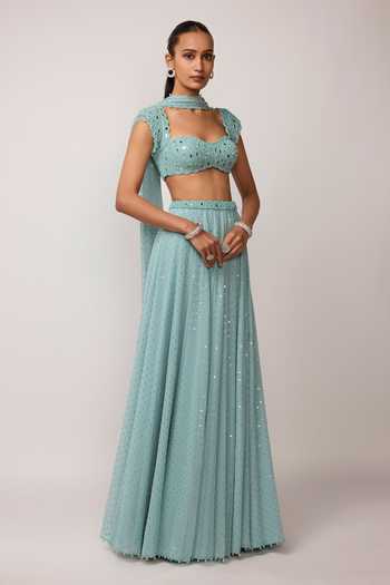 Vvani by vani vats_Blue Georgette Sweetheart Neck Sequin Work Skirt Set _Online_at_Aza_Fashions