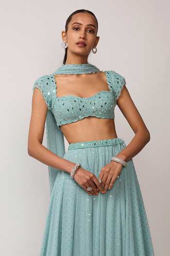 Buy_Vvani by vani vats_Blue Georgette Sweetheart Neck Sequin Work Skirt Set _Online_at_Aza_Fashions