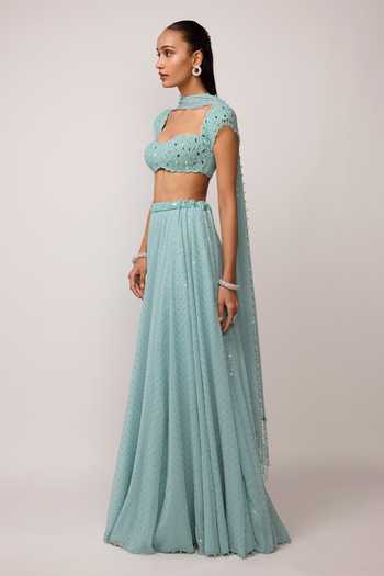 Shop_Vvani by vani vats_Blue Georgette Sweetheart Neck Sequin Work Skirt Set _Online_at_Aza_Fashions