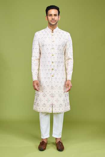 Shop Arihant Rai Sinha Off White Silk Thread And Sequin Embroidered Sherwani Set Online at Aza Fashions Shop_Arihant Rai Sinha_Off White Silk Thread And Sequin Embroidered Sherwani Set _Online_at_Aza_Fashions
