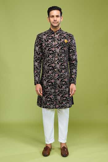 Shop Arihant Rai Sinha Black Velvet Thread Sequin Embroidered Sherwani And Pant Set Online at Aza Fashions Shop_Arihant Rai Sinha_Black Velvet Thread Sequin Embroidered Sherwani And Pant Set _Online_at_Aza_Fashions