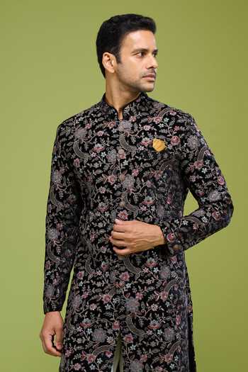 Arihant Rai Sinha Black Velvet Thread Sequin Embroidered Sherwani And Pant Set at Aza Fashions Arihant Rai Sinha_Black Velvet Thread Sequin Embroidered Sherwani And Pant Set _at_Aza_Fashions