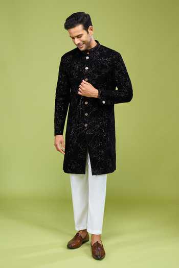 Arihant Rai Sinha Black Velvet Thread Embroidered Sherwani And Pant Set Online at Aza Fashions Arihant Rai Sinha_Black Velvet Thread Embroidered Sherwani And Pant Set _Online_at_Aza_Fashions