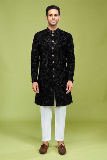 Buy Arihant Rai Sinha Black Velvet Thread Embroidered Sherwani And Pant Set Online at Aza Fashions Buy_Arihant Rai Sinha_Black Velvet Thread Embroidered Sherwani And Pant Set _Online_at_Aza_Fashions