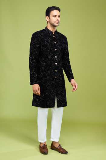 Shop Arihant Rai Sinha Black Velvet Thread Embroidered Sherwani And Pant Set Online at Aza Fashions Shop_Arihant Rai Sinha_Black Velvet Thread Embroidered Sherwani And Pant Set _Online_at_Aza_Fashions
