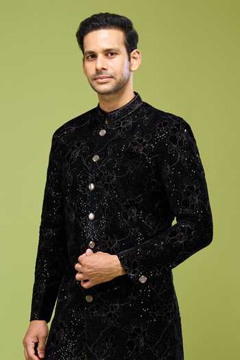 Arihant Rai Sinha Black Velvet Thread Embroidered Sherwani And Pant Set at Aza Fashions Arihant Rai Sinha_Black Velvet Thread Embroidered Sherwani And Pant Set _at_Aza_Fashions