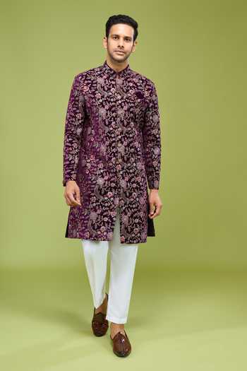 Arihant Rai Sinha Wine Velvet Embroidered Sherwani And Pant Set Online at Aza Fashions Arihant Rai Sinha_Wine Velvet Embroidered Sherwani And Pant Set _Online_at_Aza_Fashions