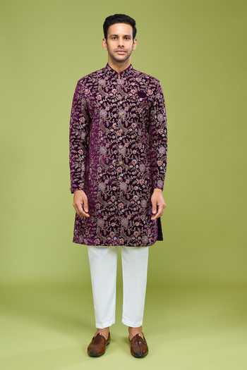 Buy Arihant Rai Sinha Wine Velvet Embroidered Sherwani And Pant Set Online at Aza Fashions Buy_Arihant Rai Sinha_Wine Velvet Embroidered Sherwani And Pant Set _Online_at_Aza_Fashions
