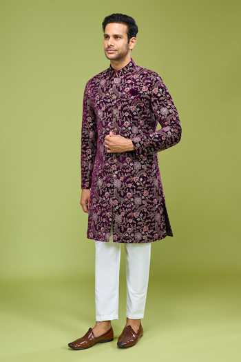Shop Arihant Rai Sinha Wine Velvet Embroidered Sherwani And Pant Set Online at Aza Fashions Shop_Arihant Rai Sinha_Wine Velvet Embroidered Sherwani And Pant Set _Online_at_Aza_Fashions