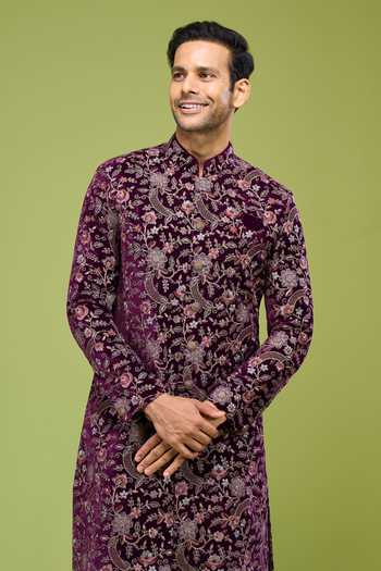 Arihant Rai Sinha Wine Velvet Embroidered Sherwani And Pant Set at Aza Fashions Arihant Rai Sinha_Wine Velvet Embroidered Sherwani And Pant Set _at_Aza_Fashions