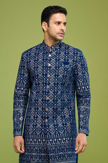 Arihant Rai Sinha_Blue Velvet Embroidered Sherwani And Pant Set _Online_at_Aza_Fashions