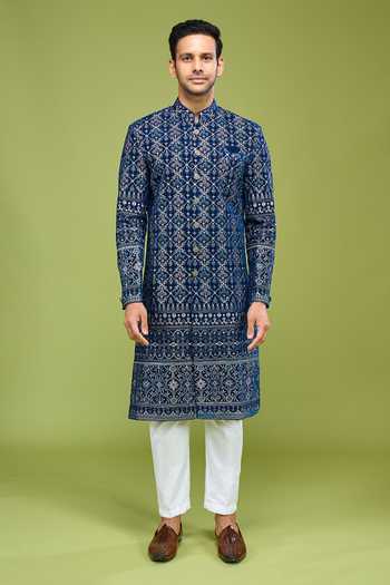 Buy_Arihant Rai Sinha_Blue Velvet Embroidered Sherwani And Pant Set _Online_at_Aza_Fashions