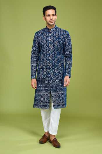 Shop_Arihant Rai Sinha_Blue Velvet Embroidered Sherwani And Pant Set _Online_at_Aza_Fashions