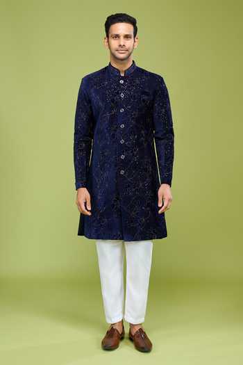 Shop Arihant Rai Sinha Blue Velvet Thread And Sequin Embroidered Sherwani Set Online at Aza Fashions Shop_Arihant Rai Sinha_Blue Velvet Thread And Sequin Embroidered Sherwani Set _Online_at_Aza_Fashions