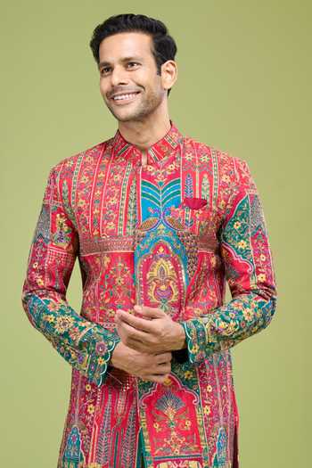 Buy_Arihant Rai Sinha_Green Georgette Heavy Thread Sequin Zari Embroidered Sherwani And Pant Set _Online_at_Aza_Fashions