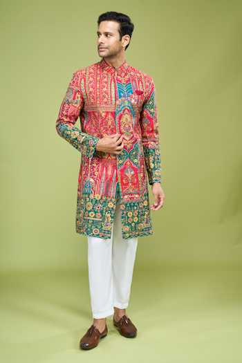 Shop_Arihant Rai Sinha_Green Georgette Heavy Thread Sequin Zari Embroidered Sherwani And Pant Set _Online_at_Aza_Fashions