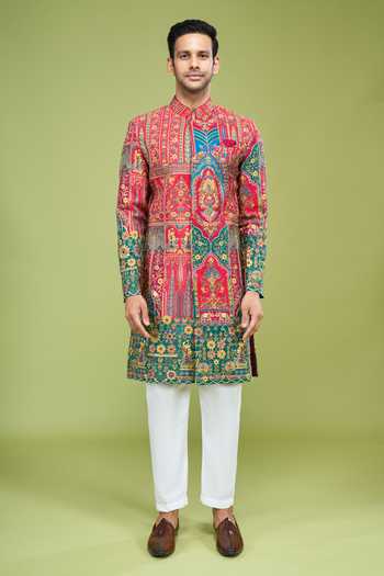 Buy_Arihant Rai Sinha_Green Georgette Heavy Thread Sequin Zari Embroidered Sherwani And Pant Set 