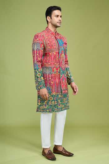 Shop_Arihant Rai Sinha_Green Georgette Heavy Thread Sequin Zari Embroidered Sherwani And Pant Set 