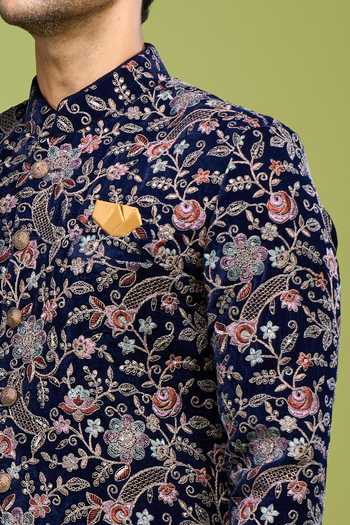 Shop Arihant Rai Sinha Blue Velvet Thread Sequin Embroidered Sherwani Set Online at Aza Fashions Shop_Arihant Rai Sinha_Blue Velvet Thread Sequin Embroidered Sherwani Set _Online_at_Aza_Fashions