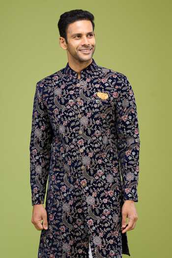Arihant Rai Sinha Blue Velvet Thread Sequin Embroidered Sherwani Set at Aza Fashions Arihant Rai Sinha_Blue Velvet Thread Sequin Embroidered Sherwani Set _at_Aza_Fashions