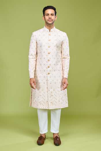 Shop_Arihant Rai Sinha_Off White Silk Thread And Sequin Embroidered Sherwani Set _Online_at_Aza_Fashions