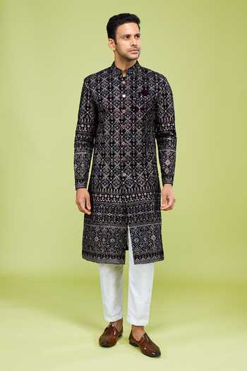 Buy Arihant Rai Sinha Wine Velvet Thread Embroidered Sherwani Set Online at Aza Fashions Buy_Arihant Rai Sinha_Wine Velvet Thread Embroidered Sherwani Set _Online_at_Aza_Fashions