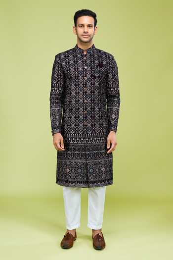 Shop Arihant Rai Sinha Wine Velvet Thread Embroidered Sherwani Set Online at Aza Fashions Shop_Arihant Rai Sinha_Wine Velvet Thread Embroidered Sherwani Set _Online_at_Aza_Fashions