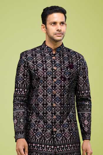 Arihant Rai Sinha Wine Velvet Thread Embroidered Sherwani Set at Aza Fashions Arihant Rai Sinha_Wine Velvet Thread Embroidered Sherwani Set _at_Aza_Fashions
