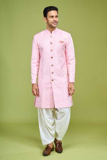 Shop_Arihant Rai Sinha_Pink Brocade Embroidered Sherwani And Patiala Pant Set _Online_at_Aza_Fashions