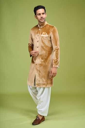 Buy Arihant Rai Sinha Gold Velvet Sherwani And Patiala Pant Set Online at Aza Fashions Buy_Arihant Rai Sinha_Gold Velvet Sherwani And Patiala Pant Set _Online_at_Aza_Fashions