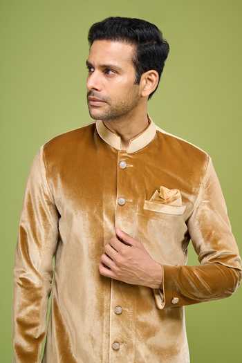 Arihant Rai Sinha Gold Velvet Sherwani And Patiala Pant Set at Aza Fashions Arihant Rai Sinha_Gold Velvet Sherwani And Patiala Pant Set _at_Aza_Fashions